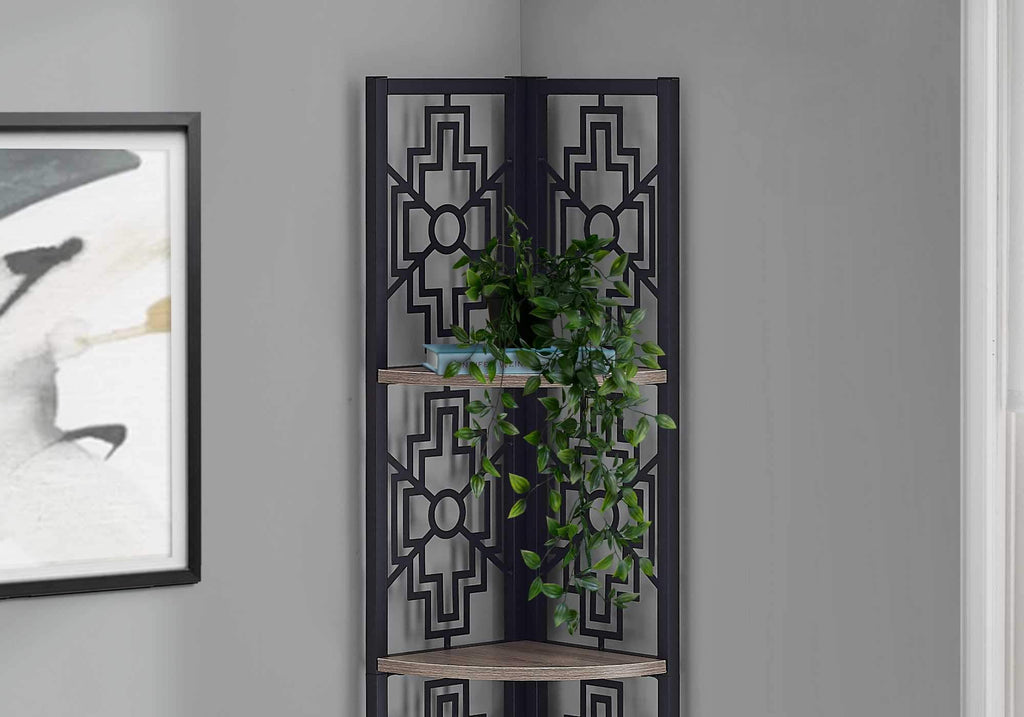 62inches Bookcase with 4 Solid Taupe Shelves and Black Metal Corner