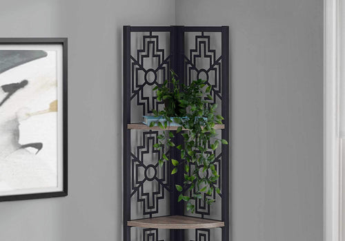 62inches Bookcase with 4 Solid Taupe Shelves and Black Metal Corner