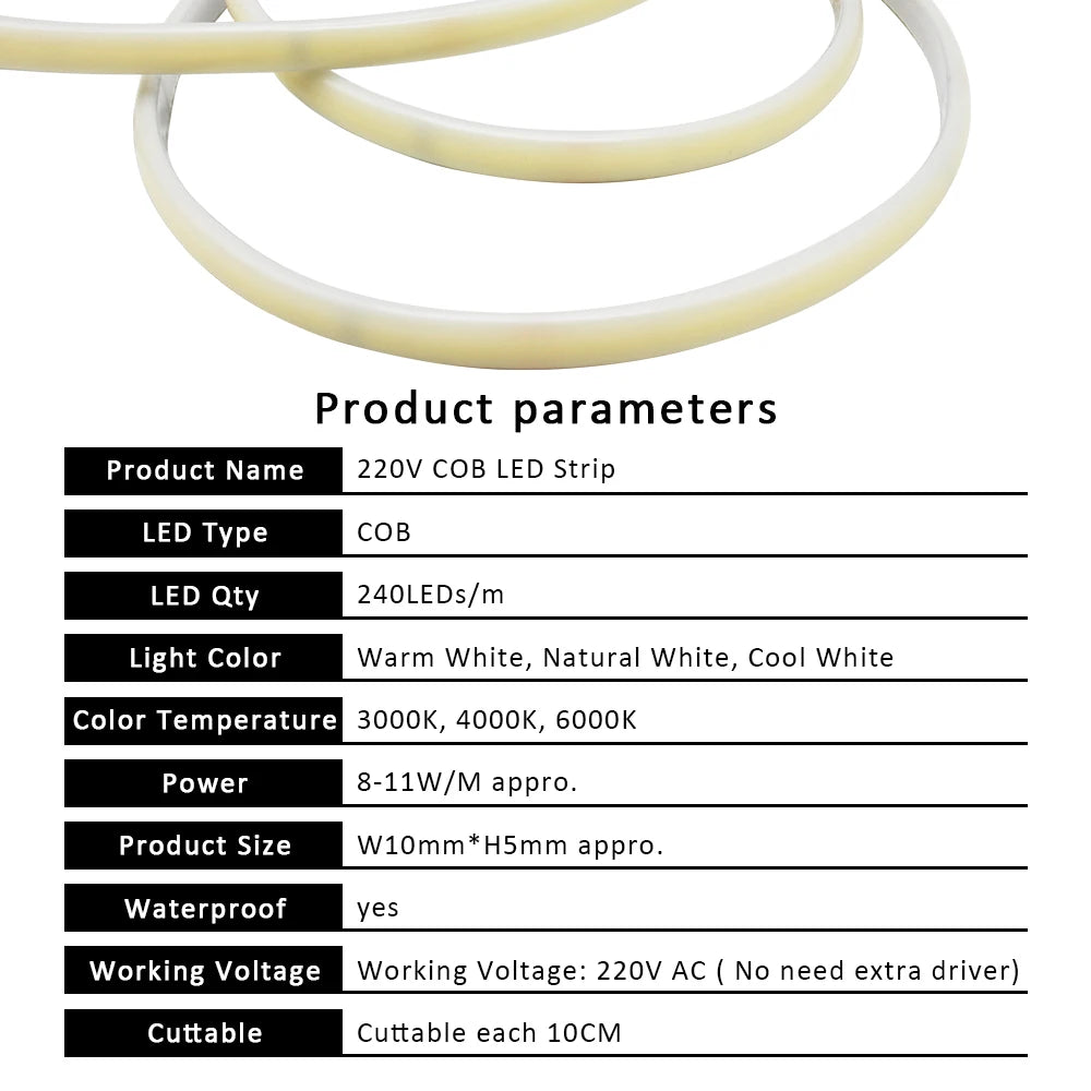 220V Waterproof COB LED Strip Light