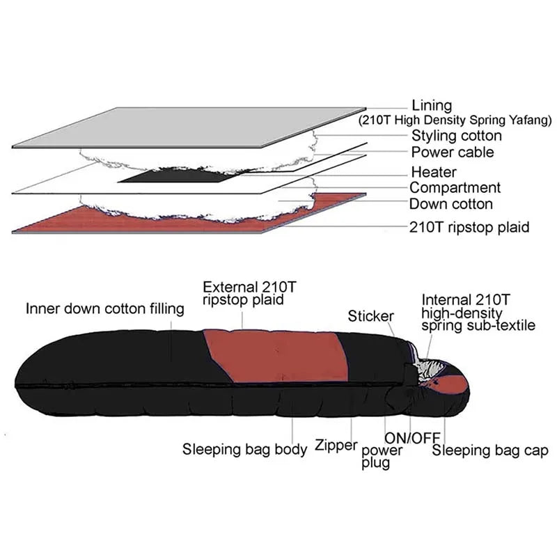 USB Heated Down Cotton Sleeping Bag
